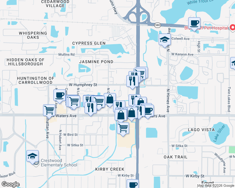 map of restaurants, bars, coffee shops, grocery stores, and more near 8501 Channelview Circle in Tampa