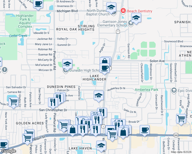 map of restaurants, bars, coffee shops, grocery stores, and more near 74 Bonnie Circle in Dunedin