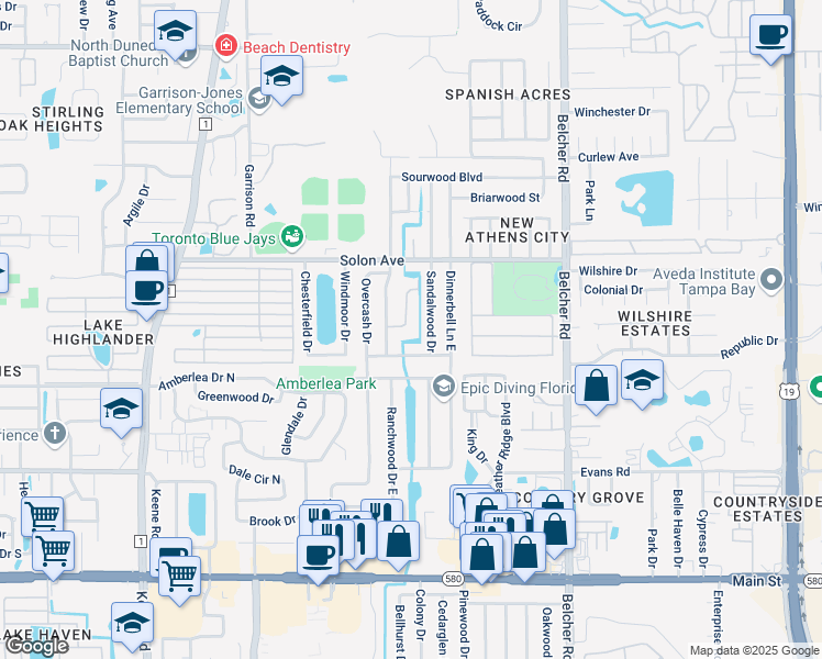 map of restaurants, bars, coffee shops, grocery stores, and more near 1397 Rosewood Avenue in Dunedin