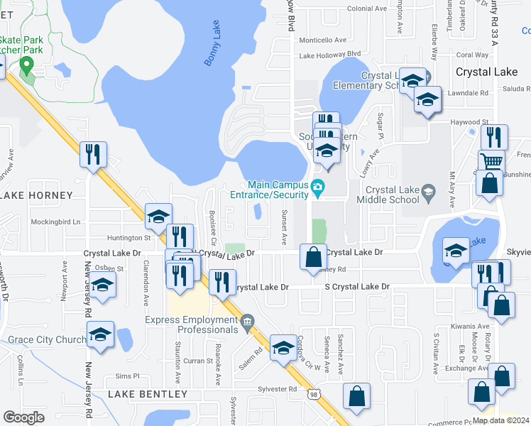 map of restaurants, bars, coffee shops, grocery stores, and more near 1311 Honeytree Lane East in Lakeland