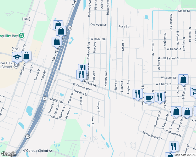 map of restaurants, bars, coffee shops, grocery stores, and more near 1230 West Market Street in Rockport