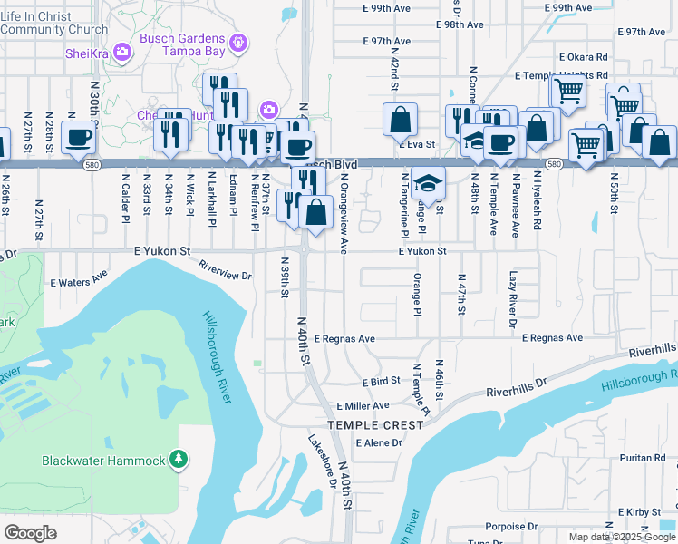 map of restaurants, bars, coffee shops, grocery stores, and more near 8614 North Orangeview Avenue in Tampa