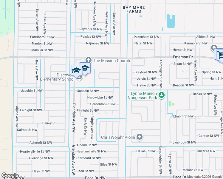 map of restaurants, bars, coffee shops, grocery stores, and more near 1510 Jacobin Street Northwest in Palm Bay