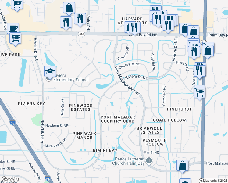 map of restaurants, bars, coffee shops, grocery stores, and more near 1305 Golf Vista Court Northeast in Palm Bay