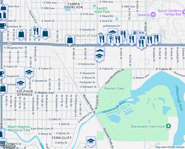 map of restaurants, bars, coffee shops, grocery stores, and more near 2015 East Seward Street in Tampa