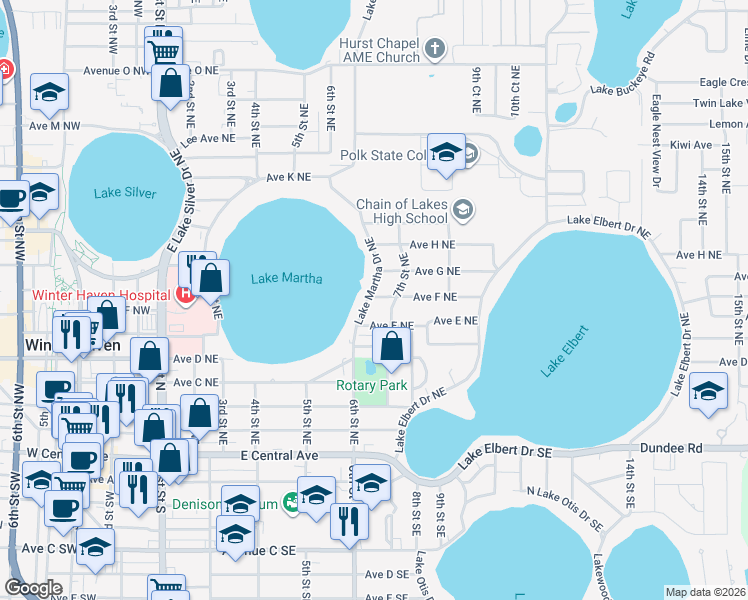 map of restaurants, bars, coffee shops, grocery stores, and more near 602 Avenue F Northeast in Winter Haven
