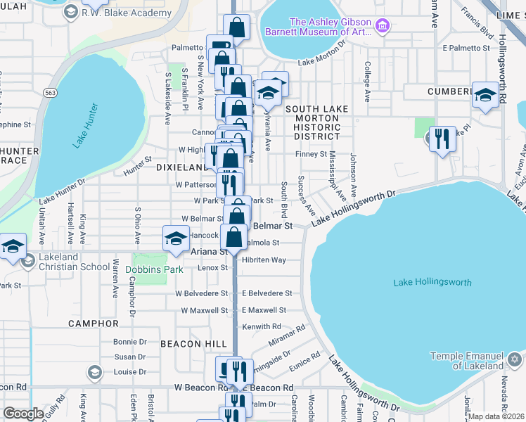map of restaurants, bars, coffee shops, grocery stores, and more near in Lakeland