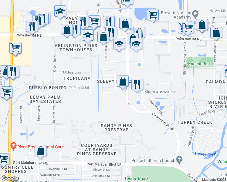 map of restaurants, bars, coffee shops, grocery stores, and more near 2181 Tappan Zee Lane Northeast in Palm Bay