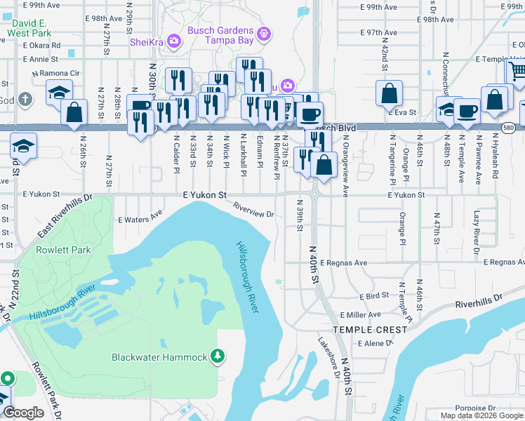 map of restaurants, bars, coffee shops, grocery stores, and more near 3426 Riverview Drive in Tampa