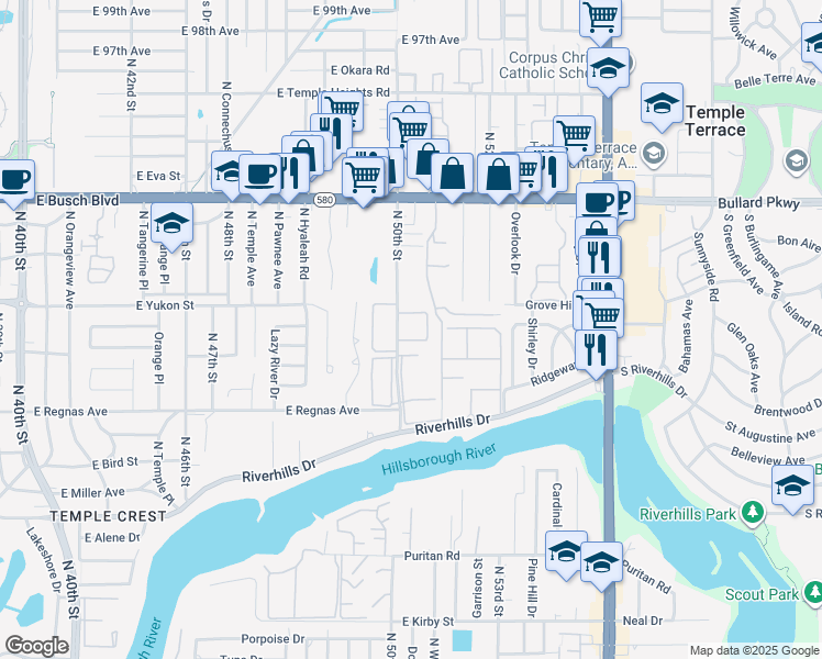 map of restaurants, bars, coffee shops, grocery stores, and more near 8501 North 50th Street in Tampa