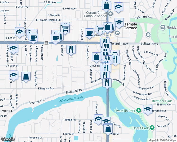 map of restaurants, bars, coffee shops, grocery stores, and more near 8612 Shirley Drive in Temple Terrace