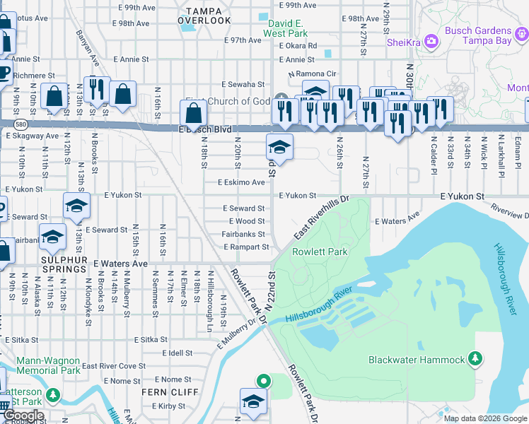 map of restaurants, bars, coffee shops, grocery stores, and more near 2015 East Wood Street in Tampa