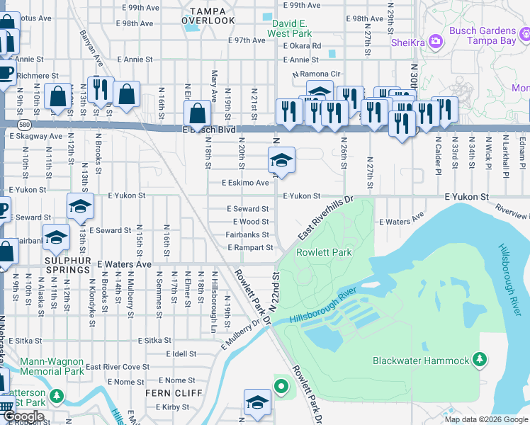 map of restaurants, bars, coffee shops, grocery stores, and more near 2015 East Wood Street in Tampa