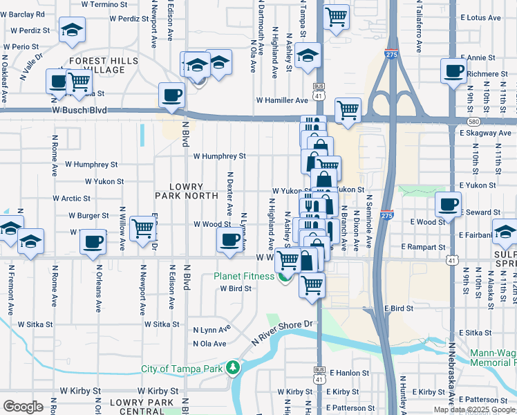 map of restaurants, bars, coffee shops, grocery stores, and more near 8505 North Lynn Avenue in Tampa