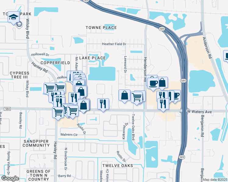 map of restaurants, bars, coffee shops, grocery stores, and more near 8519 J R Manor Drive in Tampa