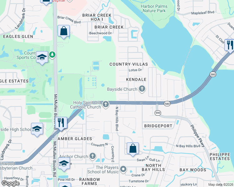 map of restaurants, bars, coffee shops, grocery stores, and more near 113 Forest Circle in Safety Harbor
