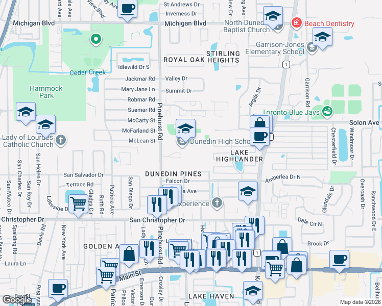 map of restaurants, bars, coffee shops, grocery stores, and more near 1100 Texas Avenue in Dunedin