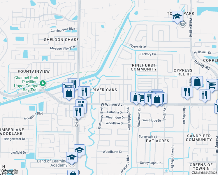 map of restaurants, bars, coffee shops, grocery stores, and more near 8503 Pinewood Street in Tampa