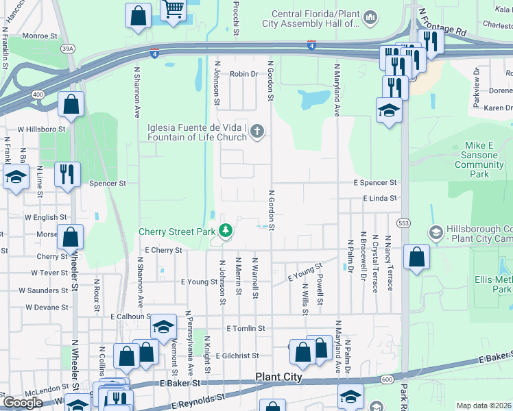 map of restaurants, bars, coffee shops, grocery stores, and more near 1227 Gordon Oaks Drive in Plant City