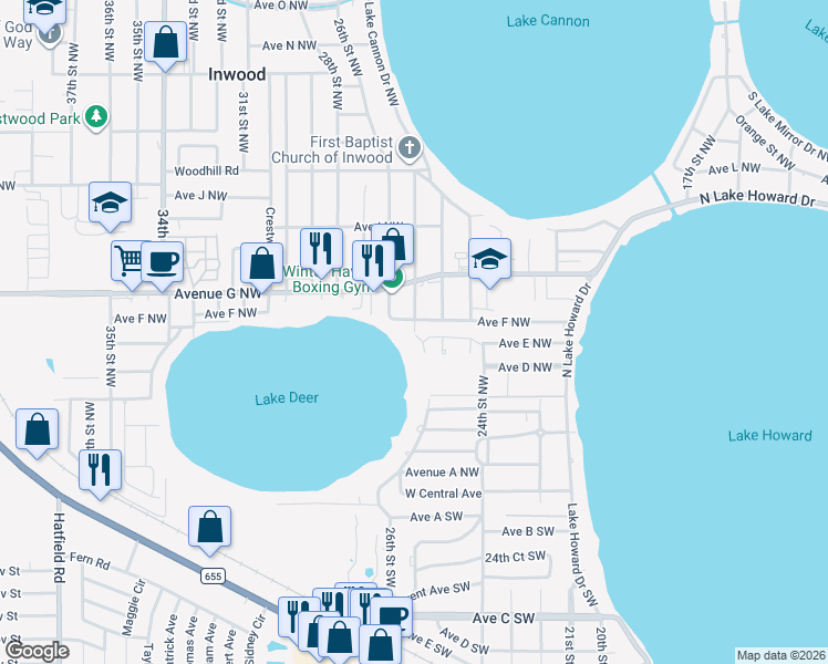 map of restaurants, bars, coffee shops, grocery stores, and more near Avenue East Northwest in Winter Haven