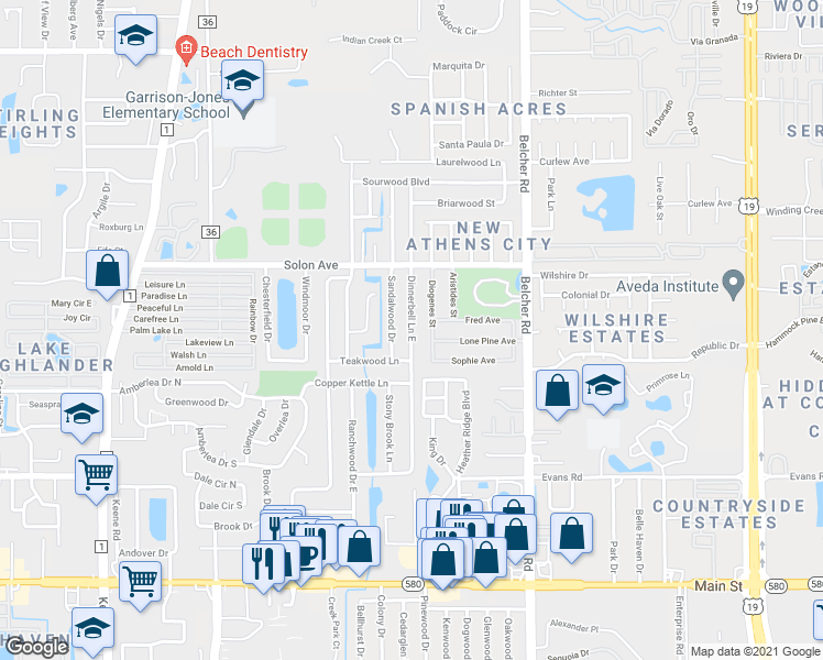 map of restaurants, bars, coffee shops, grocery stores, and more near 1407 Dinnerbell Lane East in Dunedin
