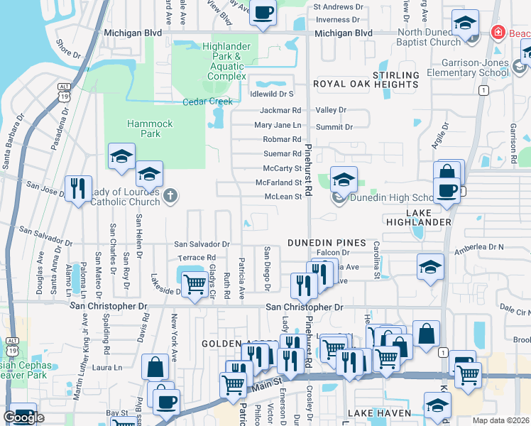 map of restaurants, bars, coffee shops, grocery stores, and more near 1055 Prestwick Place in Dunedin