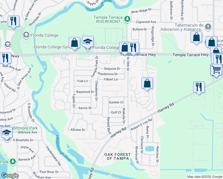 map of restaurants, bars, coffee shops, grocery stores, and more near 7516 South Sanibel Circle in Temple Terrace