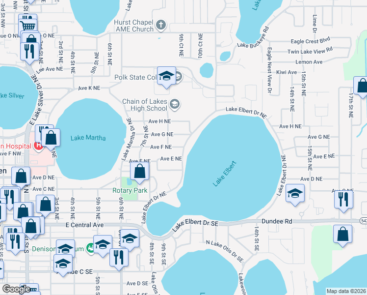 map of restaurants, bars, coffee shops, grocery stores, and more near 998 Avenue F Northeast in Winter Haven