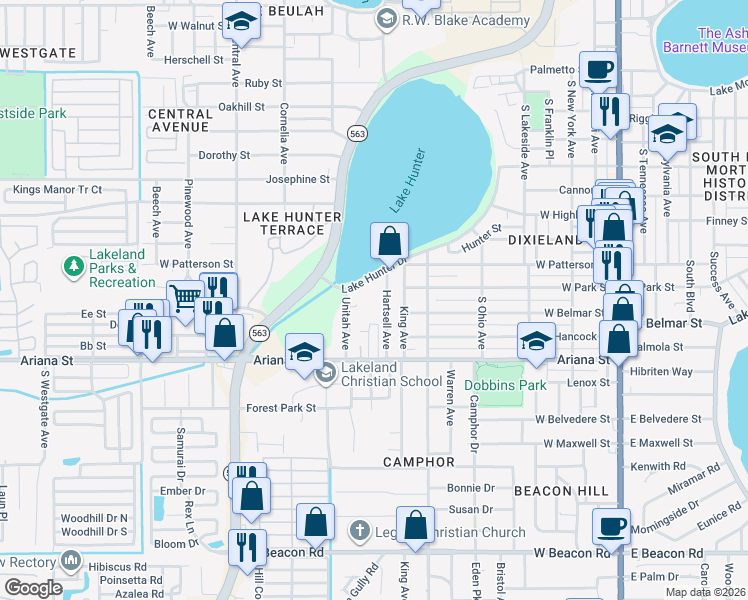 map of restaurants, bars, coffee shops, grocery stores, and more near 101 Lake Hunter Drive in Lakeland