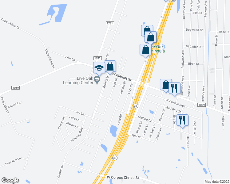 map of restaurants, bars, coffee shops, grocery stores, and more near 222 Oak Street in Rockport