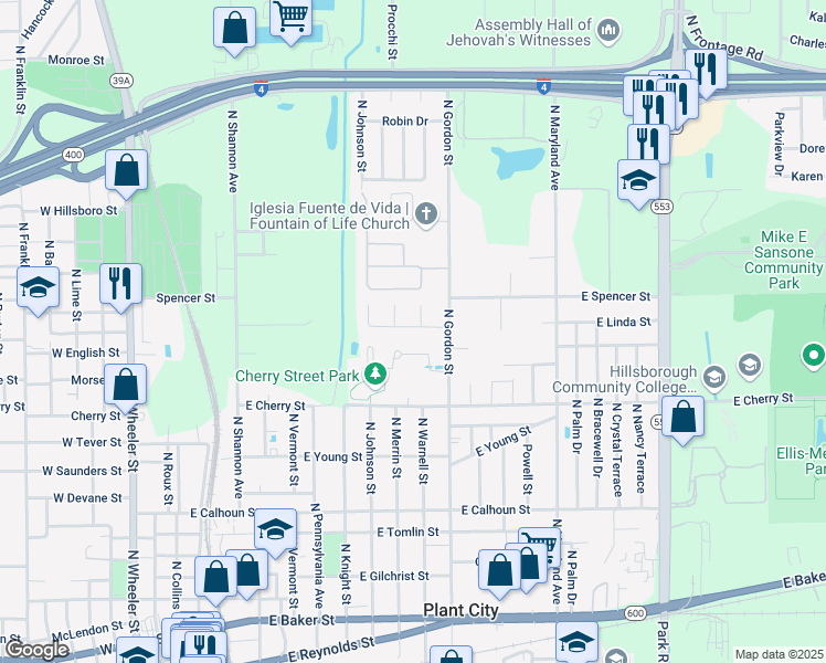 map of restaurants, bars, coffee shops, grocery stores, and more near 1223 Gordon Oaks Drive in Plant City