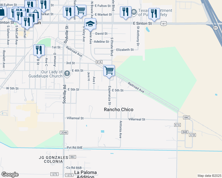 map of restaurants, bars, coffee shops, grocery stores, and more near 908 Esperanza Street in Sinton