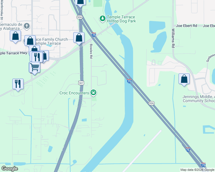 map of restaurants, bars, coffee shops, grocery stores, and more near 9135 Wood Terrace Dr in Tampa