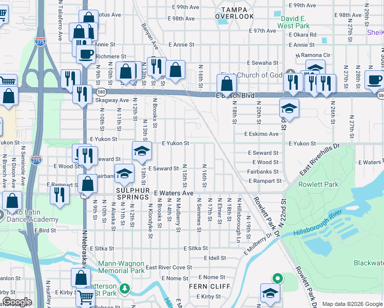 map of restaurants, bars, coffee shops, grocery stores, and more near 8506 North 15th Street in Tampa