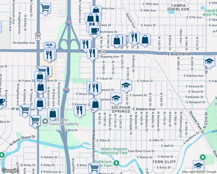 map of restaurants, bars, coffee shops, grocery stores, and more near 8516 North Alaska Street in Tampa