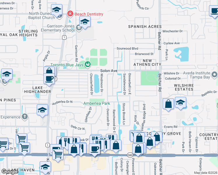 map of restaurants, bars, coffee shops, grocery stores, and more near 1372 Overcash Drive in Dunedin