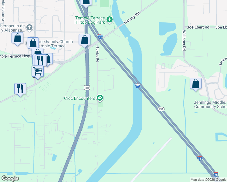 map of restaurants, bars, coffee shops, grocery stores, and more near 9135 Wood Terrace Dr in Tampa