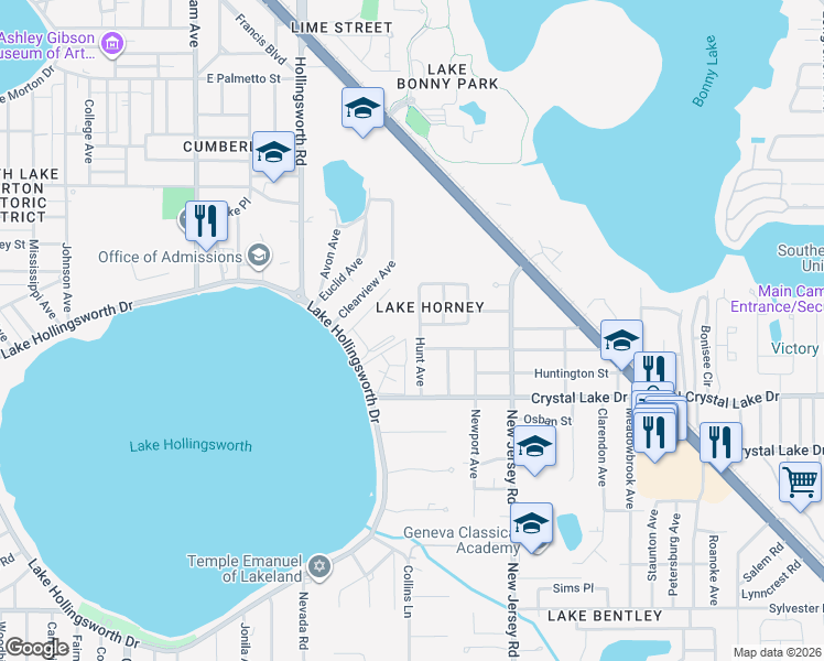 map of restaurants, bars, coffee shops, grocery stores, and more near 1403 Mockingbird Lane in Lakeland