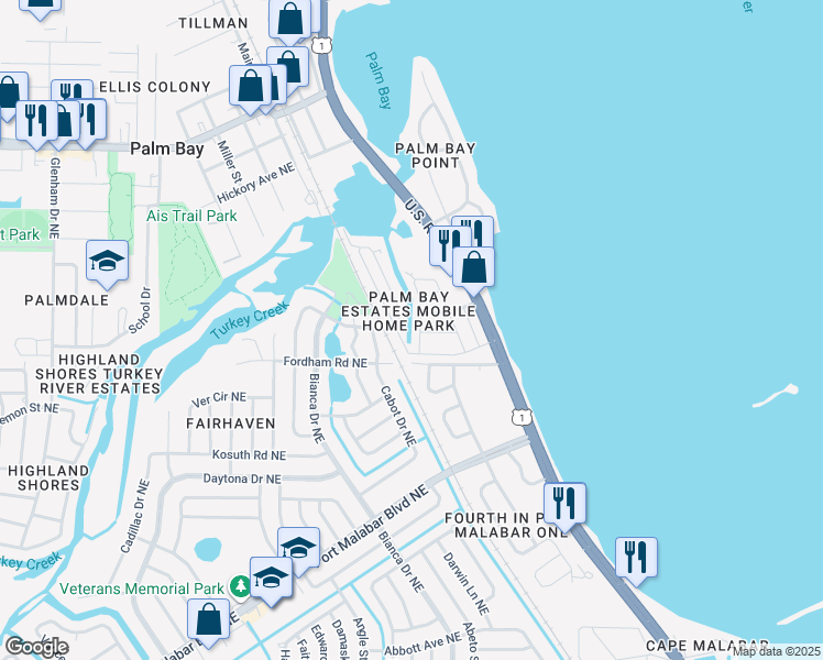map of restaurants, bars, coffee shops, grocery stores, and more near 1240 Turkey Creek Drive Northeast in Palm Bay