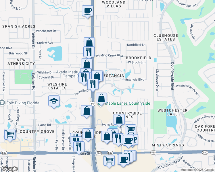 map of restaurants, bars, coffee shops, grocery stores, and more near 2701 Hammock Court in Clearwater