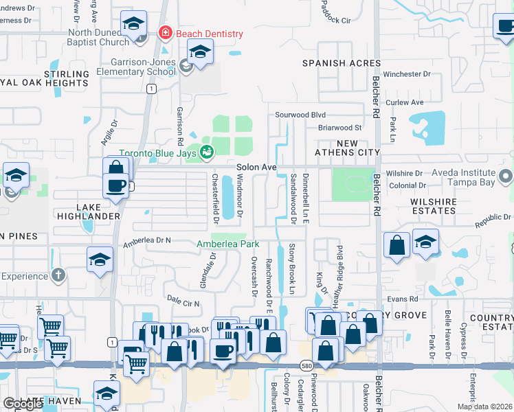 map of restaurants, bars, coffee shops, grocery stores, and more near 1372 Overcash Drive in Dunedin
