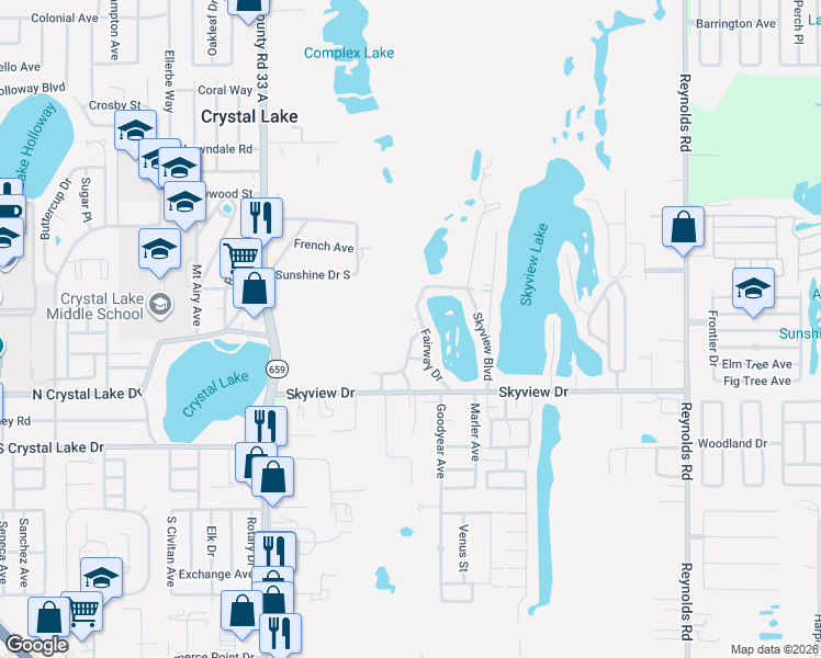 map of restaurants, bars, coffee shops, grocery stores, and more near 1307 Fairway Drive in Lakeland