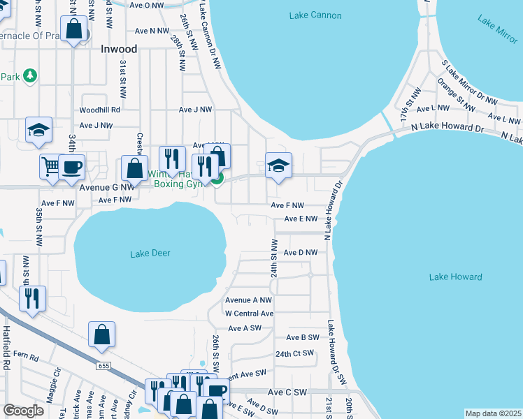 map of restaurants, bars, coffee shops, grocery stores, and more near 2336 Avenue East Northwest in Winter Haven