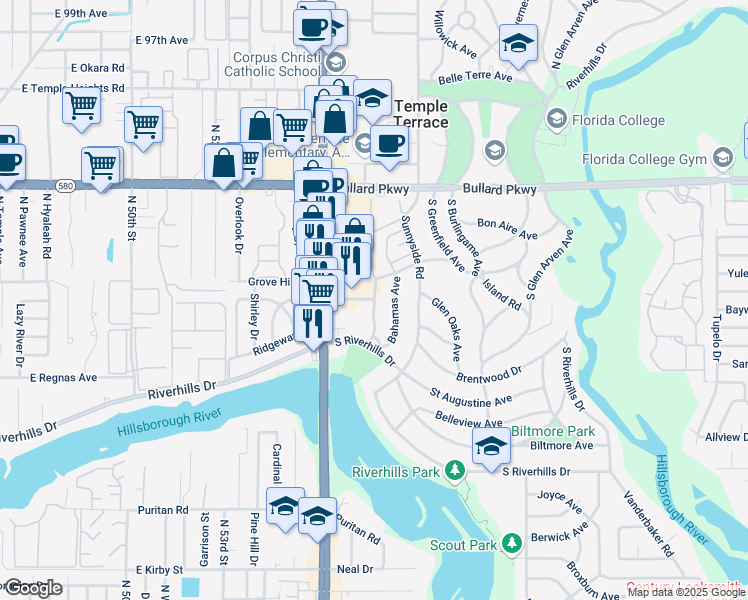 map of restaurants, bars, coffee shops, grocery stores, and more near 309 Springdale Place in Temple Terrace