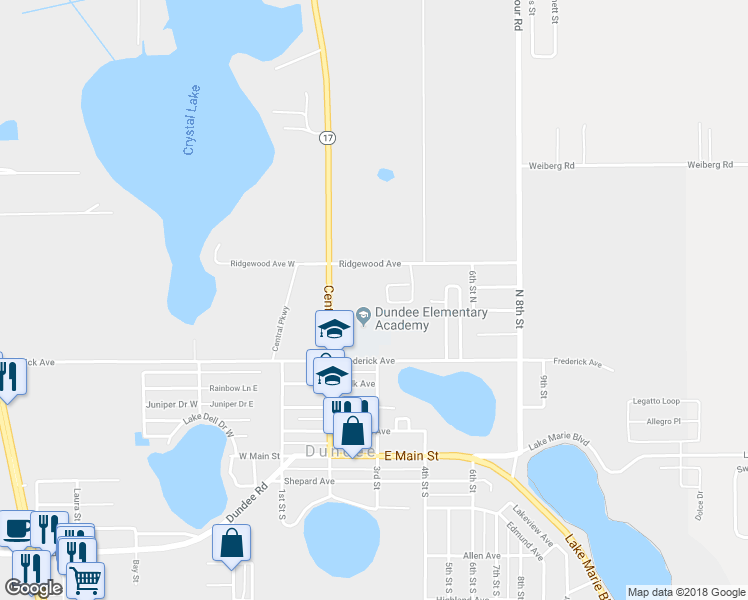 map of restaurants, bars, coffee shops, grocery stores, and more near 627 Valencia Court in Dundee