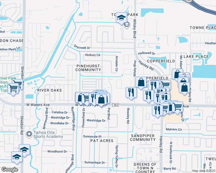 map of restaurants, bars, coffee shops, grocery stores, and more near 8536 Edgewater Place Boulevard in Tampa