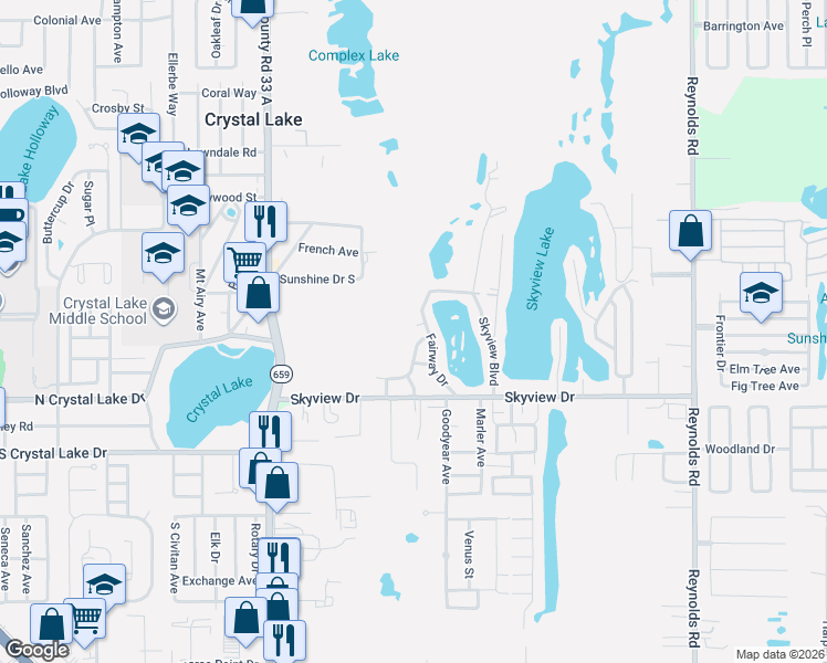 map of restaurants, bars, coffee shops, grocery stores, and more near 1230 Fairway Drive in Lakeland