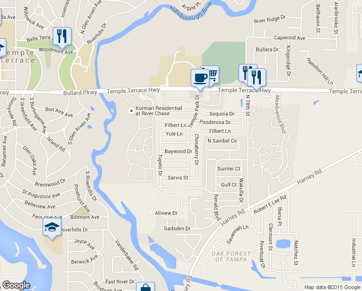 map of restaurants, bars, coffee shops, grocery stores, and more near 8701 Temple Park Drive in Tampa