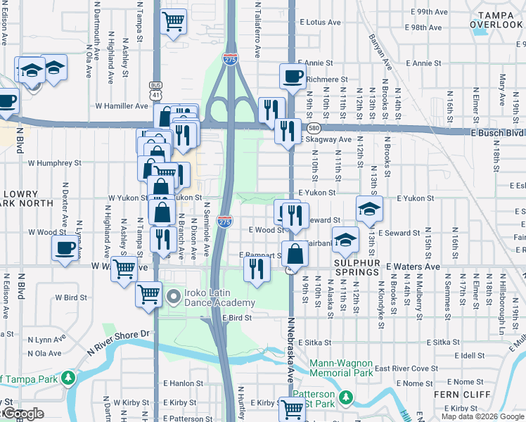map of restaurants, bars, coffee shops, grocery stores, and more near 801 East Yukon Street in Tampa
