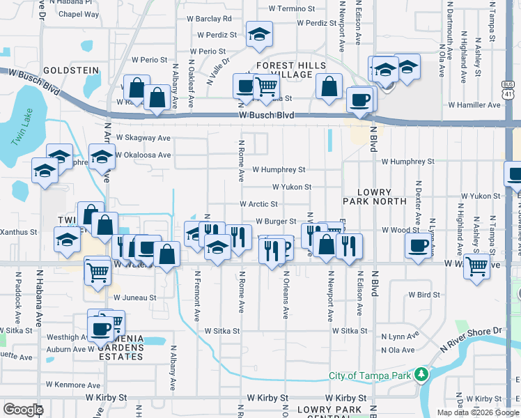 map of restaurants, bars, coffee shops, grocery stores, and more near 1413 West Arctic Street in Tampa